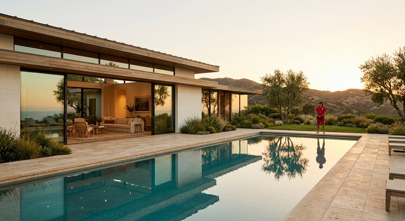 Luxury West Los Angeles estate poolside at golden hour with professional lifeguard, ocean breeze setting